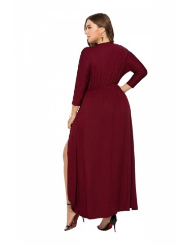 Elegant Plus Size V Neck 3/4 Sleeve Wrap Plain Maxi Dress Ruby