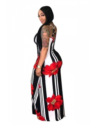 Plus Size Scoop Neck Striped Floral Print Maxi Dress Red