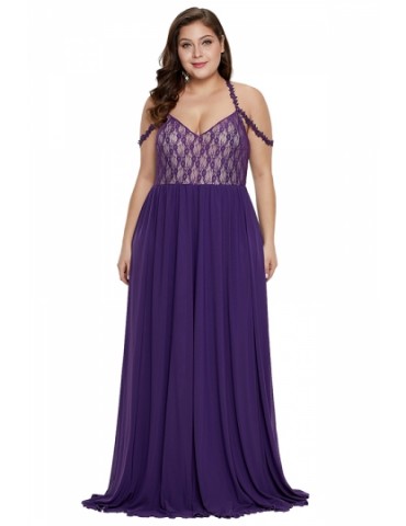 Plus Size Floral Lace Cut Out Backless Maxi Evening Dress Purple