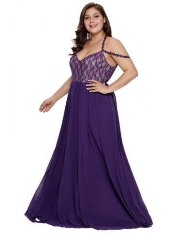 Plus Size Floral Lace Cut Out Backless Maxi Evening Dress Purple