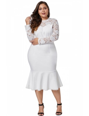Plus Size Long Sleeve Floral Lace Peplum Hem Evening Dress White