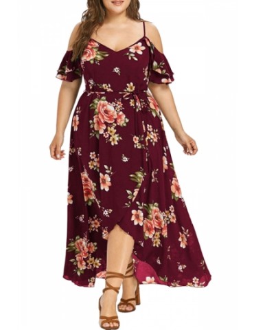 Plus Size Tie Wrap Cold Shoulder Floral Print Maxi Dress Ruby