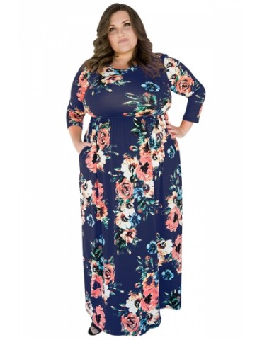 Womens Plus Size Floral Printed Tunic Long Sleeve Maxi Dress Navy Blue