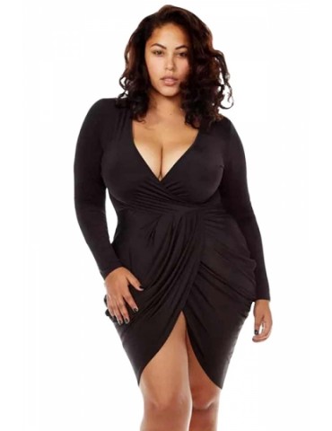 Sexy Deep V Neck Long Sleeve Plus Size Club Dress Black