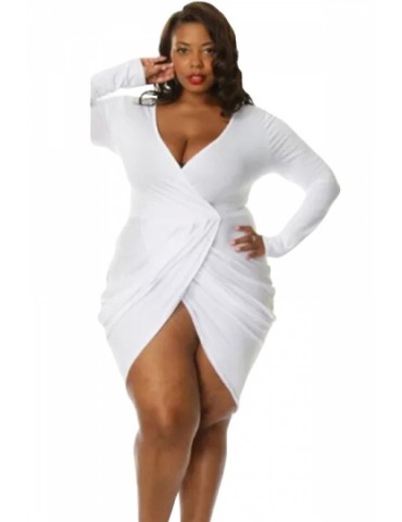 Sexy Deep V Neck Long Sleeve Plus Size Club Dress White