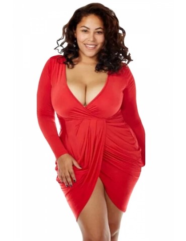 Sexy Deep V Neck Long Sleeve Plus Size Club Dress Red