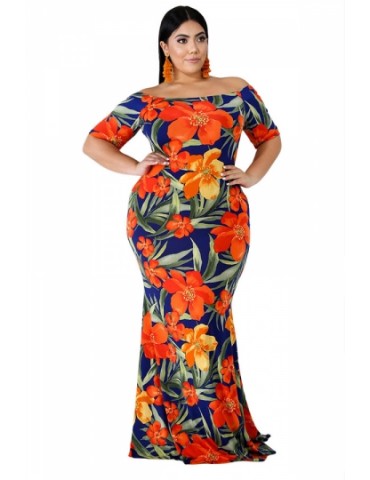 Plus Size Off Shoulder Floral Print Maxi Evening Dress Tangerine