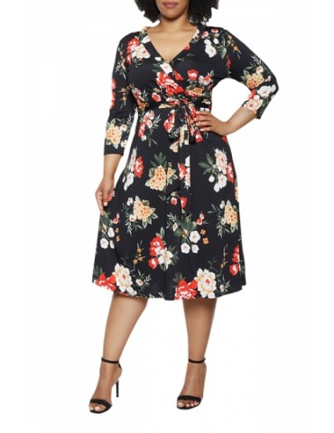 Plus Size 3/4 Sleeve Floral Midi Dress Black