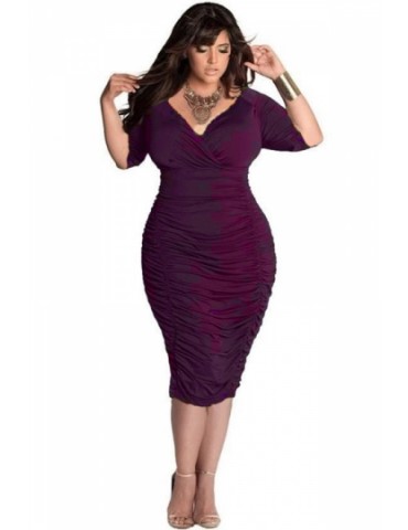 Cheap Plus Size Wrap V-Neck Ruched Midi Dress Purple