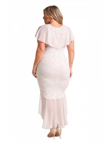V Neck Plus Size Ruffle Plain Lace Hem Mermaid Bodycon Maxi Dress White