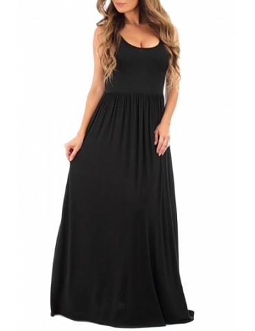 Plus Size Scoop Neck Plain Sleeveless Pleated Maxi Dress Black