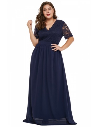 Plus Size Floral Lace Chiffon Maxi Evening Dress Navy Blue