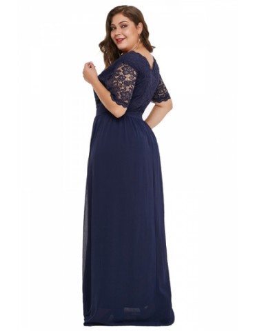 Plus Size Floral Lace Chiffon Maxi Evening Dress Navy Blue