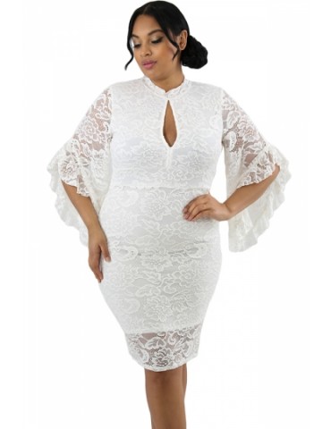 Plus Size Bell Sleeve Keyhole Lace Bodycon Midi Evening Dress White