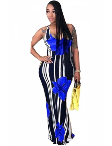 Plus Size Scoop Neck Striped Floral Print Maxi Dress Blue