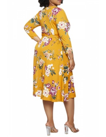 Plus Size Floral Midi Dress With Belt Yellow
