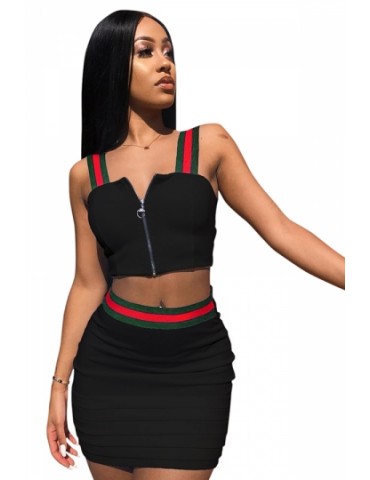 Sexy Plus Size Zip Up Crop Top&Mini Skirt Bodycon Two-Piece Dress Black