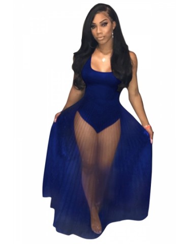 Sexy Sleeveless Bodysuit See Through Pleated Club Dress Sapphire Blue