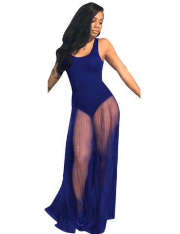 Sexy Sleeveless Bodysuit See Through Pleated Club Dress Sapphire Blue