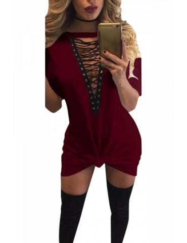 Sexy Lace-Up V Neck Short Sleeve Shirts & Tops Ruby Club Dresses