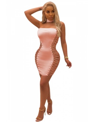Sexy Chocker Cross Lace Up Bodycon Plain Clubwear Tube Dress Pink