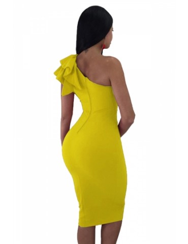 One Shoulder Sleeveless Ruffle Plain Bodycon Clubwear Dress Yellow
