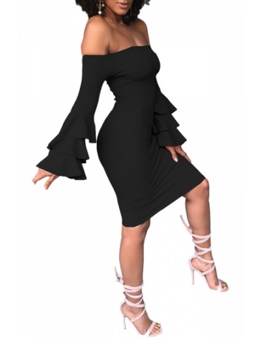 Sexy Bell Sleeve Off Shoulder Bodycon Club Dress Black