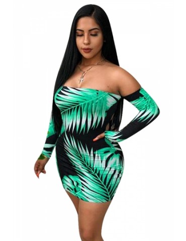 Sexy Off Shoulder Long Sleeve Lace Up Leaf Print Bodycon Dress Green