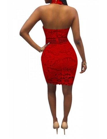Sexy Lace Halter Hollow Out Plain Sleeveless Backless Club Dress Red