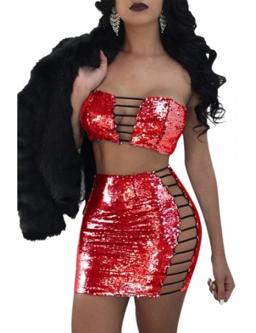 Womens Sexy Two Piece Off Shoulder Cut Out Sequin Clubwear Dress Red
