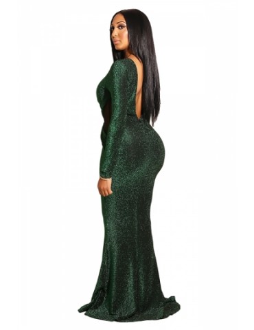 Sexy Elegant Long Sleeve Backless Keyhole Mermaid Evening Dress Green