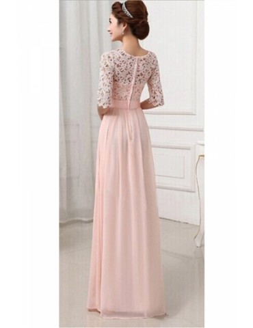Elegant Plain Half Sleeve Cut Out Chiffon Lace Prom Dress Pink