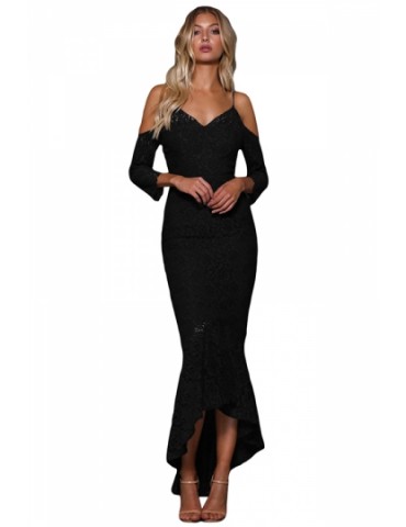 Sexy Cold Shoulder Long Sleeve Lace Maxi Mermaid Evening Dress Black