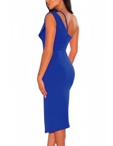 One Shoulder Plain Bodycon Sexy Evening Dress Blue