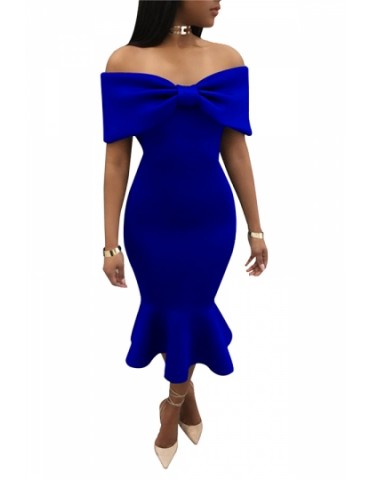 Womens Sexy Off Should Bow Front Ruffle Mermaid Evening Dress Blue