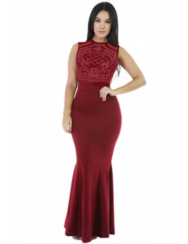 Womens Rhinestone Sleeveless Mermaid Maxi Evening Dress Ruby