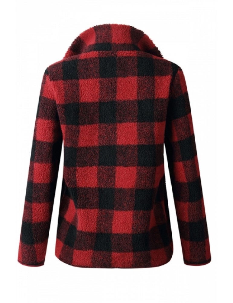 Zipper High Collar Long Sleeve Plaid Fuzzy Sweatshirt Red