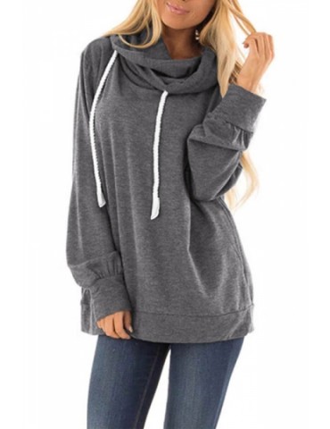 Long Sleeve Hoodie With Drawstring Gray