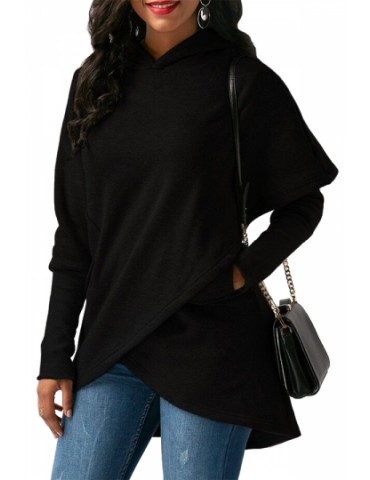 Womens Long Sleeve With Pocket Asymmetrical Hem Plain Hoodie Black