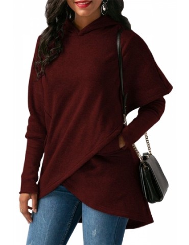 Womens Long Sleeve With Pocket Asymmetrical Hem Plain Hoodie Ruby