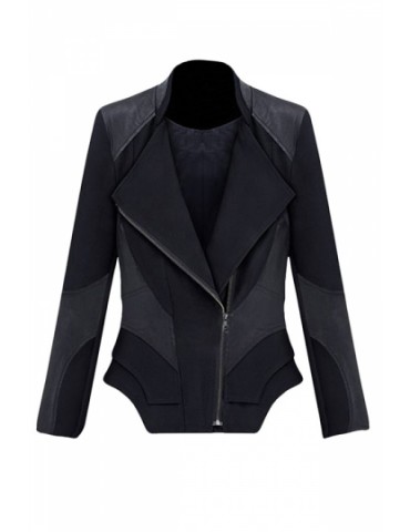Womens Slimming Turndown Collar Zipper Design PU Leather Jacket Black