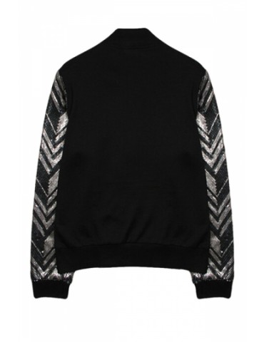 Black Modern Ladies Zipper Wavy Sequins Cool Jacket