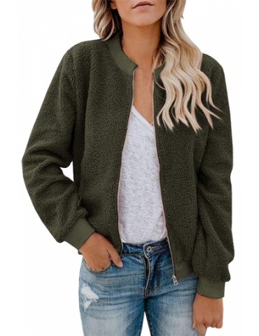 Stand Collar Fuzzy Jacket Long Sleeve Olive
