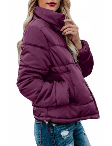 Stand Collar Puffer Jacket With Pocket Ruby