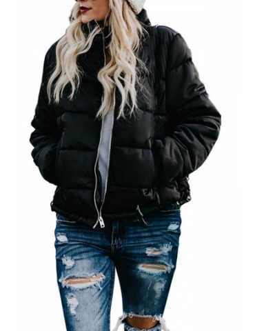 Solid Womens Puffer Jacket With Pocket Black