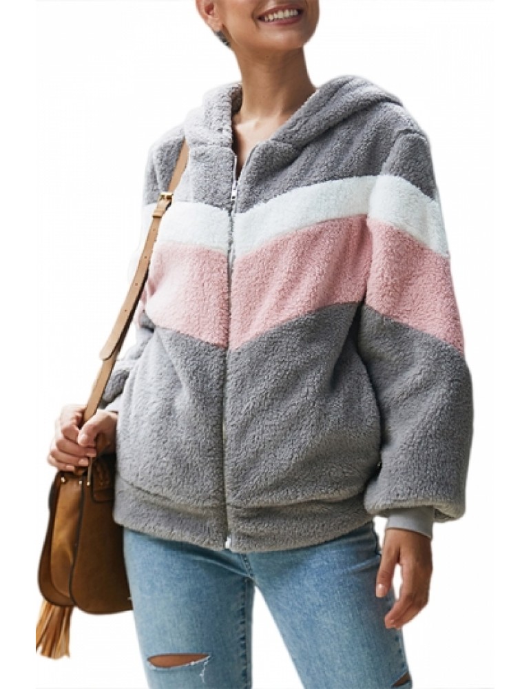 Zip Up Teddy Jacket With Hooded Color Block Gray