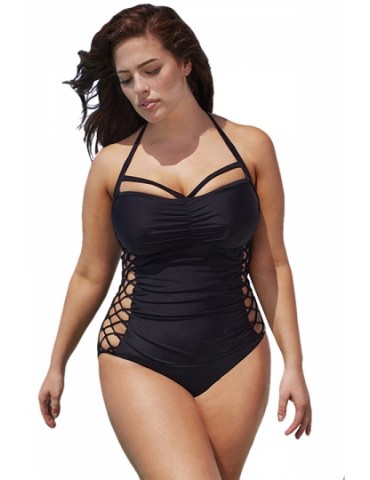 Sexy Plus Size Halter Strappy Side One Piece Swimsuit Black