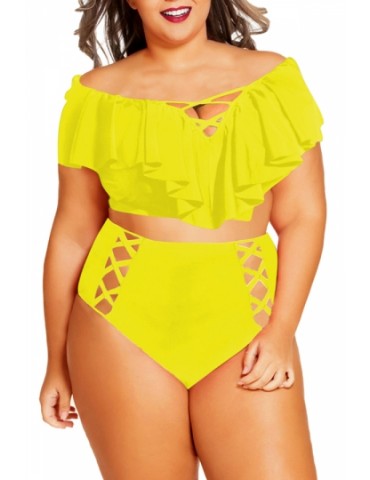 Plus Size Ruffle Cut Out Criss Cross High Waisted Bikini Yellow