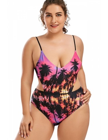 Plus Size V Neck Backless Cut Out Floral Print One Piece Swimsuit Green