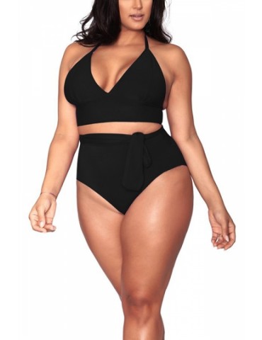 Plus Size Halter High Waisted Tummy Control Bikini Set Black